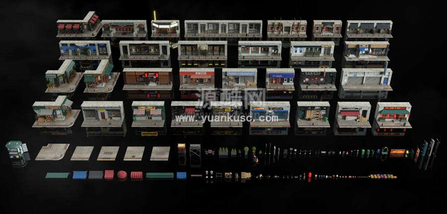 国外Kitbash3D-Storefronts店面街道店铺门店模型完整版全套（含Octane贴图）
