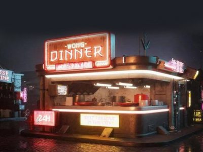 C4D赛博朋克未来科幻城市街道楼房模型3D模型素材含贴图