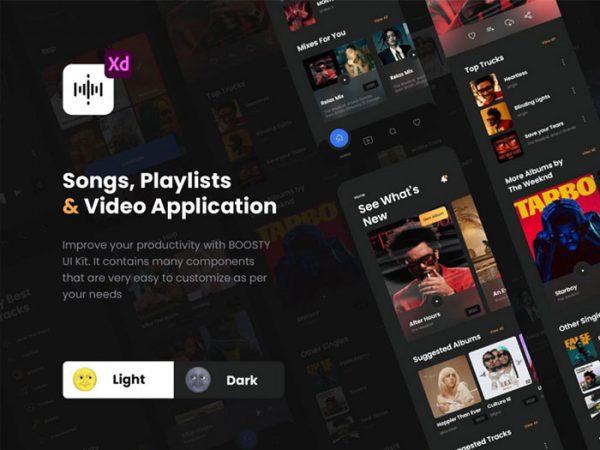 62个音乐主题类歌曲、专辑和视频播放APP UI界面模板素材包