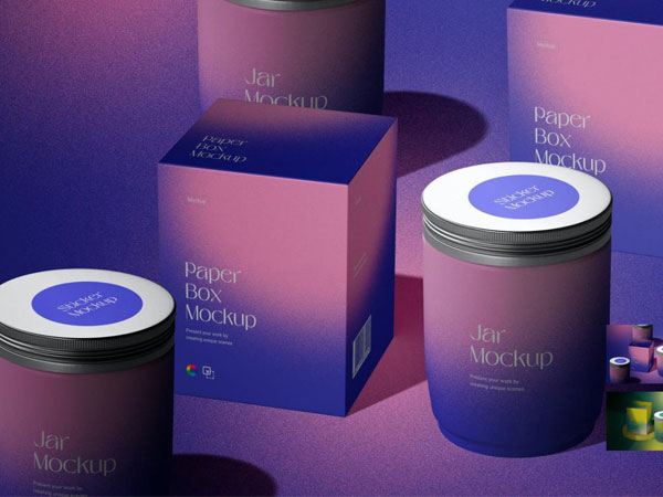 一套设计绚丽的渐变包装罐子场景PSD模型素材