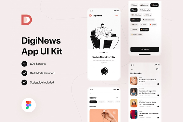 80个黑白红主色调新闻文章类移动端APP UI界面 KIT素材包