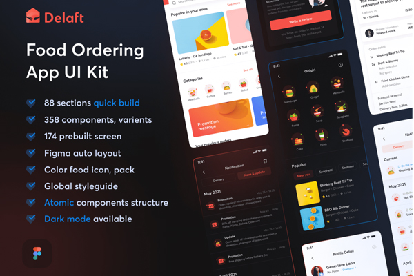 174+高品质明亮红黄蓝色食品餐饮APP UI界面设计素材下载（Figma）