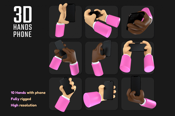 10个粉色卡通3D手持手机模型C4D素材下载