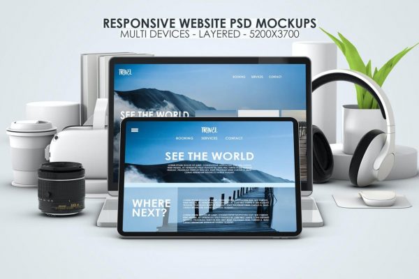 办公室场景电脑笔记本桌面样机PSD素材模板