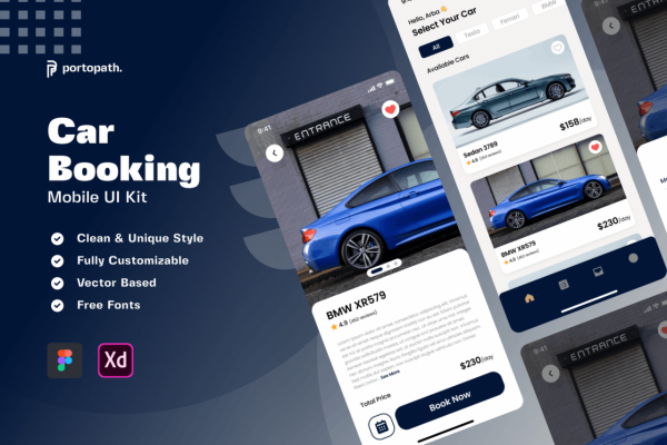 一套汽车预定主题APP UI界面 Kits设计素材包下载