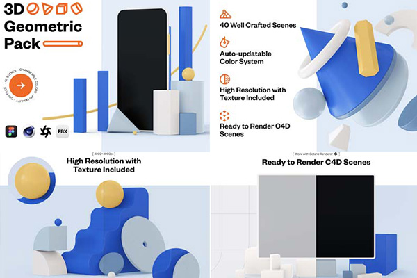 C4D工程40个几何元素小场景3D Geometric Pack （Octane渲染器一键渲染）