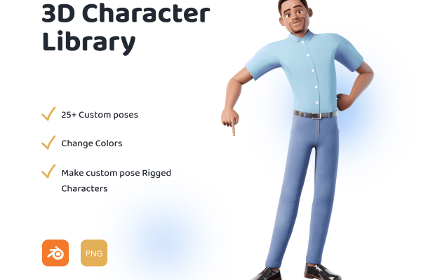 一套3D卡通男性角色姿势库模型素材Blender模型免费下载