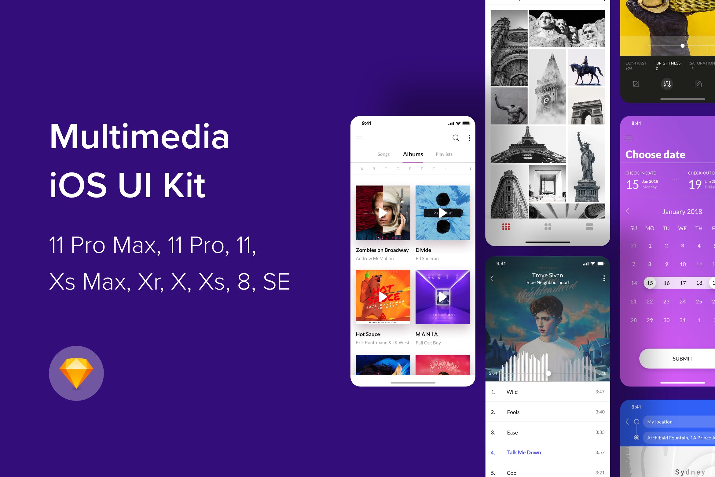 iOS平台多媒体娱乐APP应用UI设计SKETCH模板设计素材下载 Multimedia iOS UI Kit (Sketch)