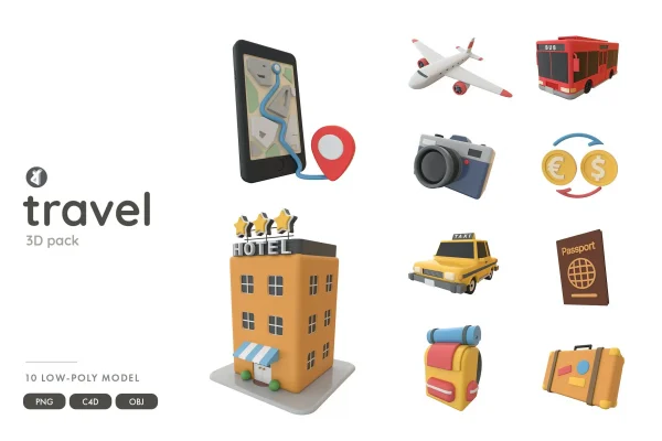 3D模型卡通低多边形风格旅行3D元素插画包 Travel 3D object illustration pack