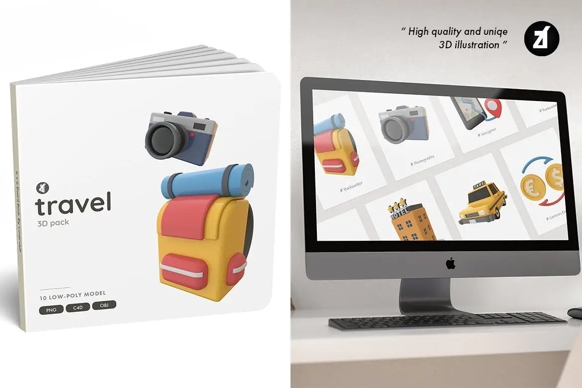 3D模型低多边形风格旅行3D元素插画包 Travel 3D object illustration pack