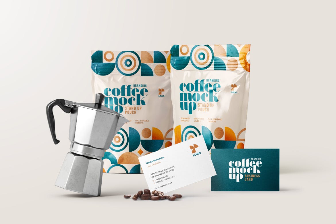 风格优雅的咖啡品牌包装设计VI样机设计素材下载（PSD）