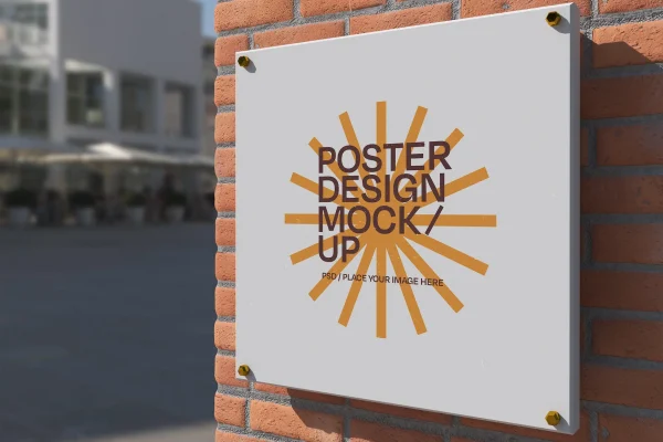 砖墙方形广告海报样机PSD素材下载 Square Poster on Bricks Wall Mockup