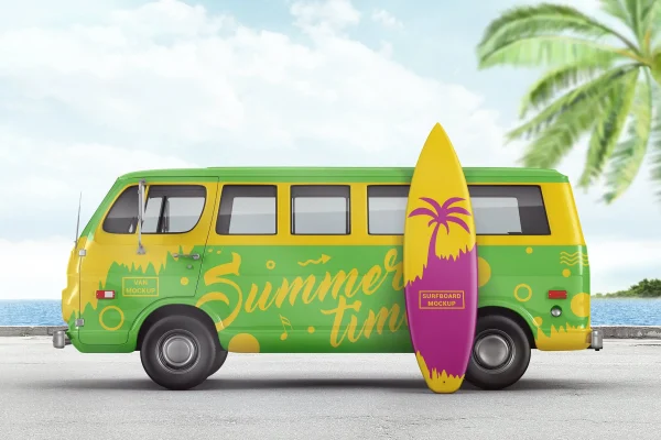 货车&冲浪板品牌设计样机模板 Van With Surfboard Branding Mockup