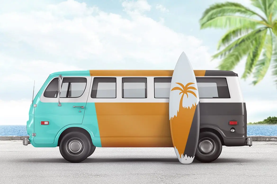 货车&冲浪板品牌设计样机模板 Van With Surfboard Branding Mockup