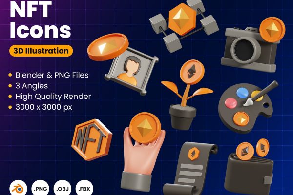 10个黑黄色复古风格3D图标素材包（Blender）