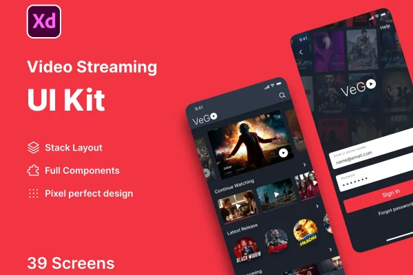 视频流媒体移动App应用程序界面UI套件素材模板下载