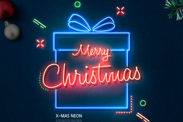 8个效果酷炫的霓虹灯光影圣诞节主题元素PSD海报合集