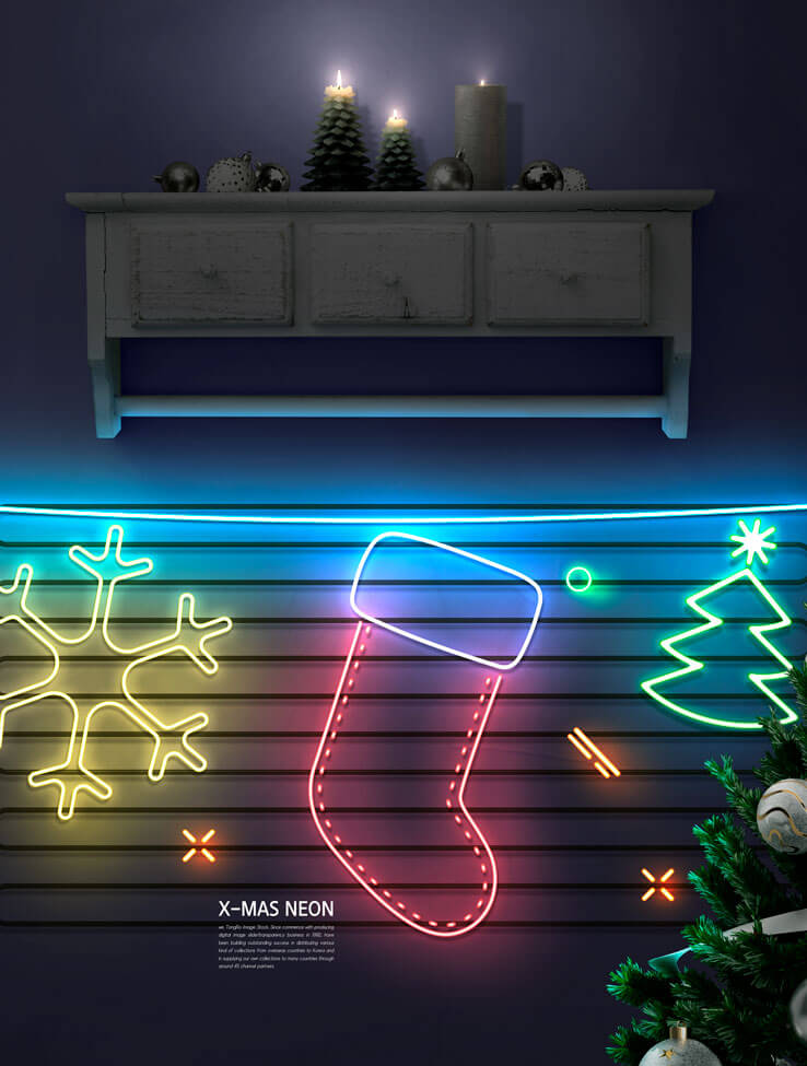 8个效果酷炫的霓虹灯光影圣诞节主题元素PSD海报合集