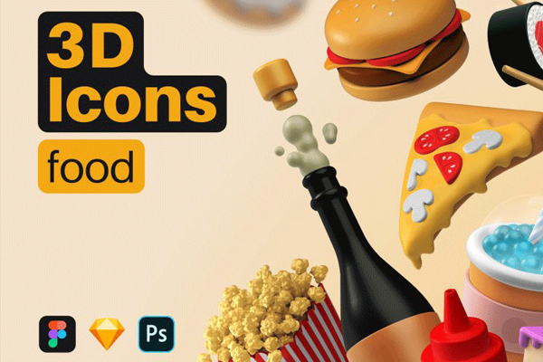 爆米花冰淇淋汉堡棒棒糖等20个卡通食物3D模型包