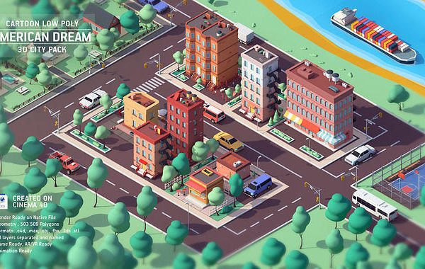 C4D卡通低多边形城市模型卡通建筑3D模型下载