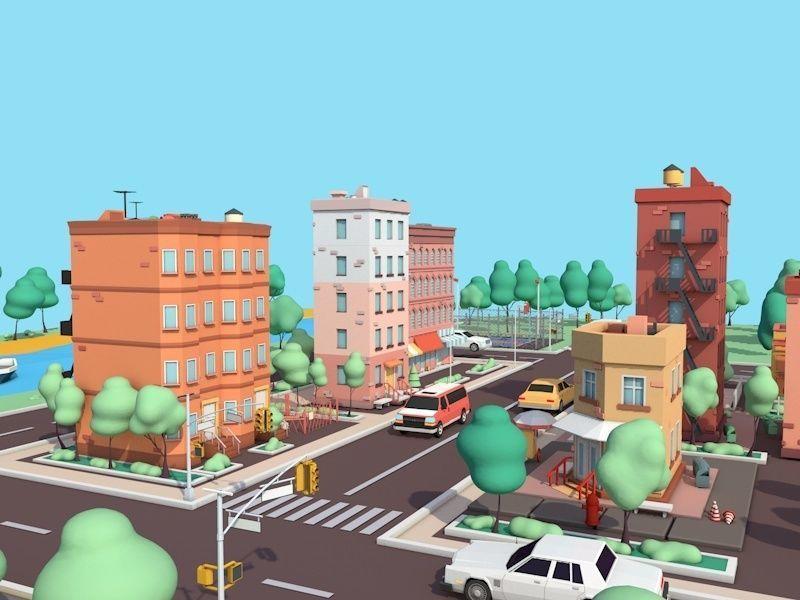 C4D卡通低多边形城市模型卡通建筑3D模型下载