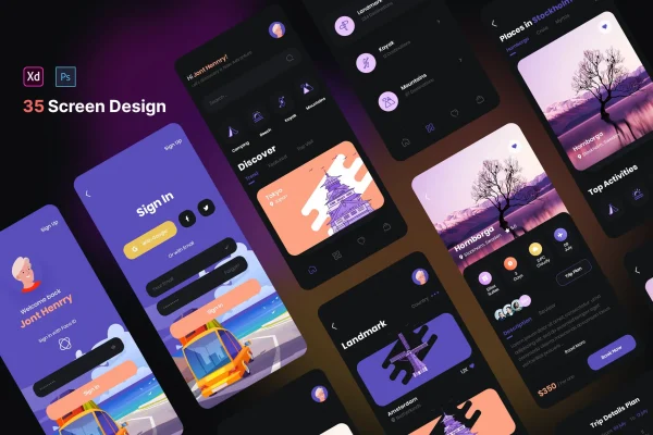 旅行/旅游App应用UI界面设计套件下载（暗黑版本） Traap – Travel mobile App UI Kit (Dark Version)