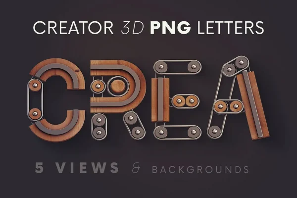 木头蒸汽朋克风格3D立体英文字母PNG素材 Creator – 3D Lettering