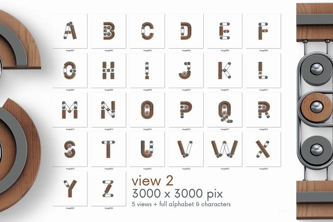 木头蒸汽朋克风格3D立体英文字母PNG素材 Creator – 3D Lettering