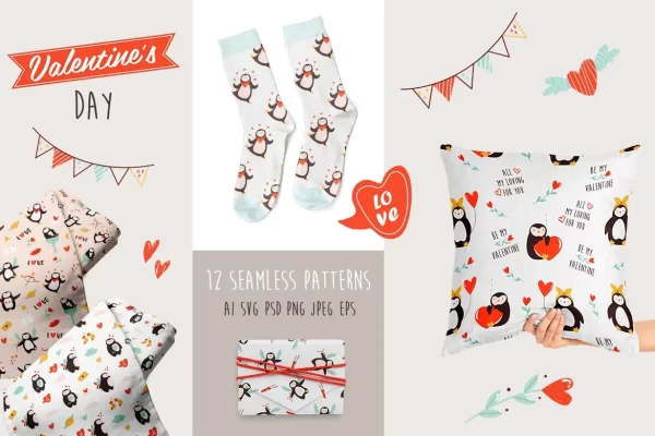 情人节主题无缝企鹅图案矢量设计素材下载