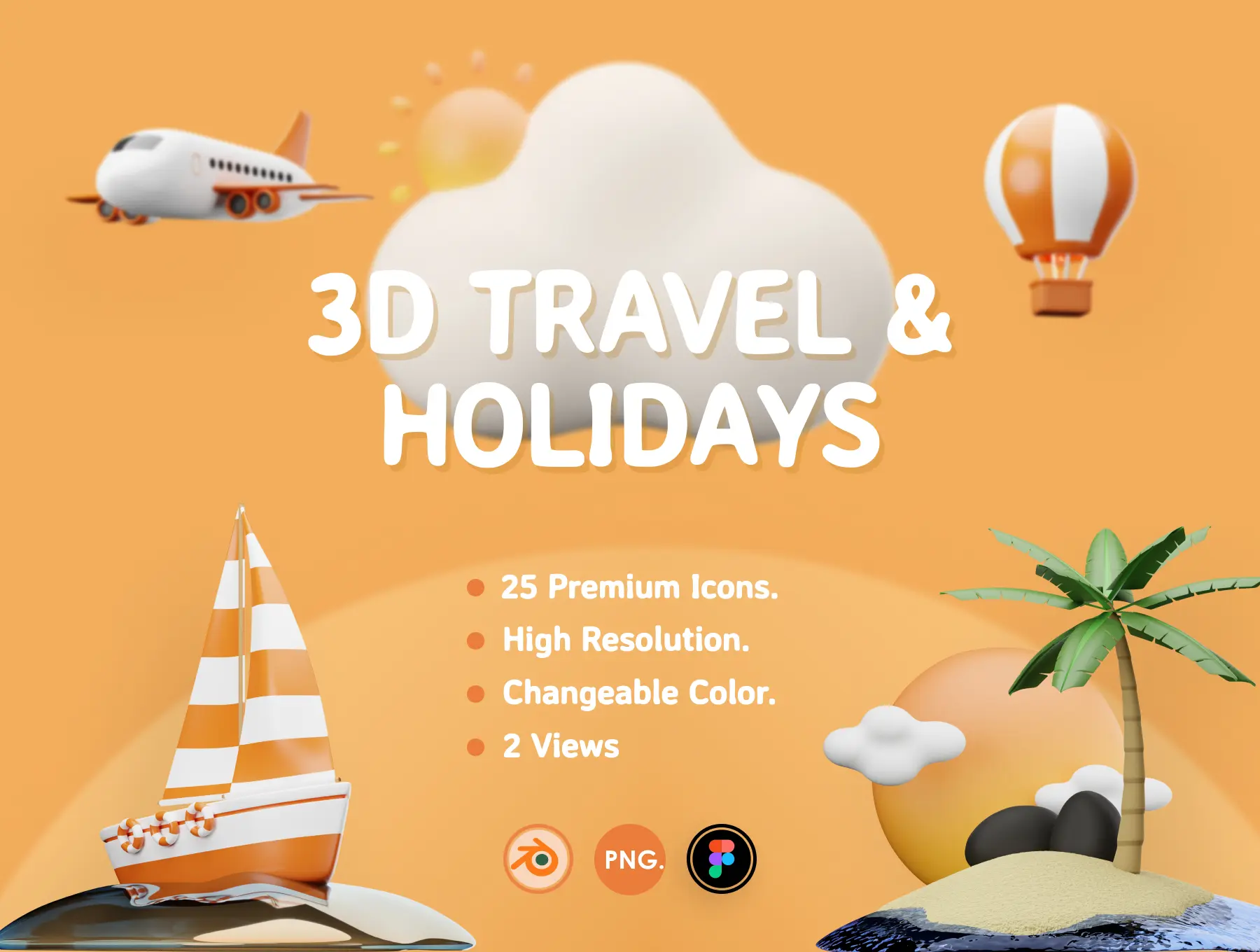 旅行假期主题3D对象和图标