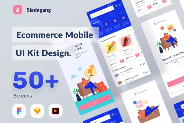 带有插画和图标的电商App应用UI套件设计素材下载