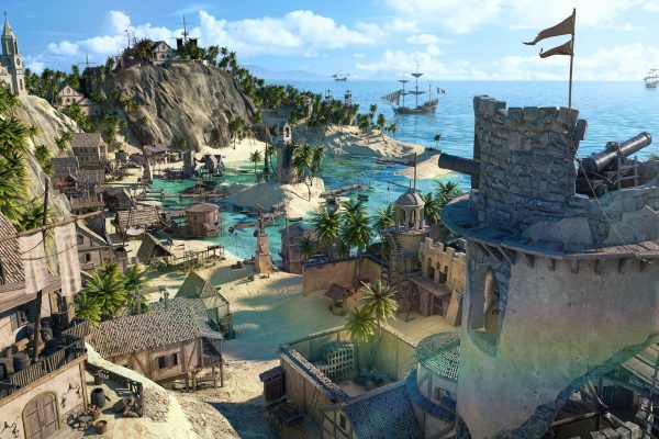 宝藏海岛海盗港口码头3D模型西班牙风格庄园建筑C4D模型Kitbash3d-treasure-island