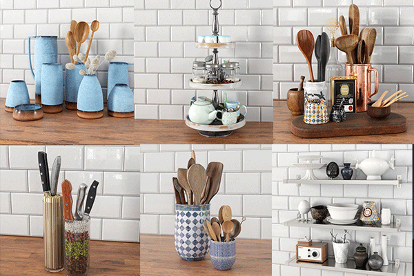 C4D模型32组厨房餐具瓷器器皿收纳架碗筷盘子3D模型下载