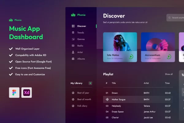 音乐Web App应用仪表盘UI设计模板