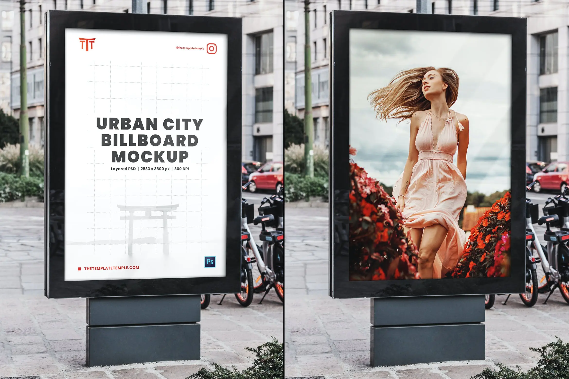 城市街道落地广告牌海报展示PSD设计样机模板下载