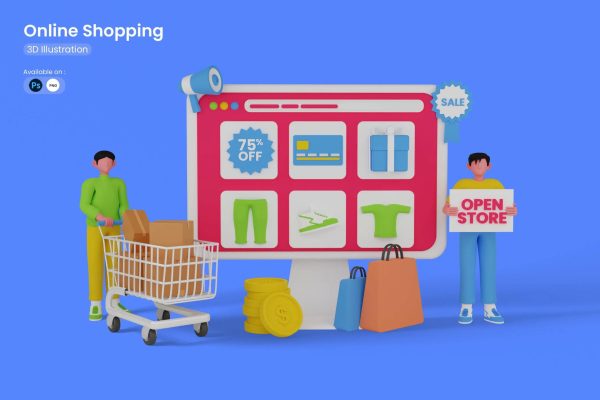 网上购物主题3D插画PSD素材