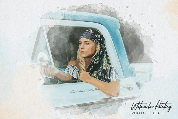 逼真的水彩画照片效果PSD设计模板