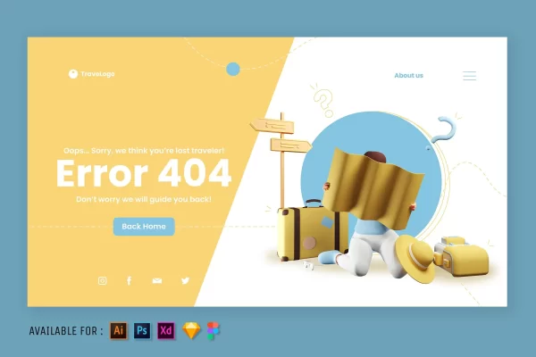 旅行迷路404网站着陆页3D插画素材