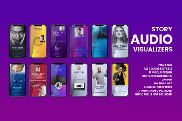 AE模板-12组抖音竖屏可视化音乐播放器音频动画模板