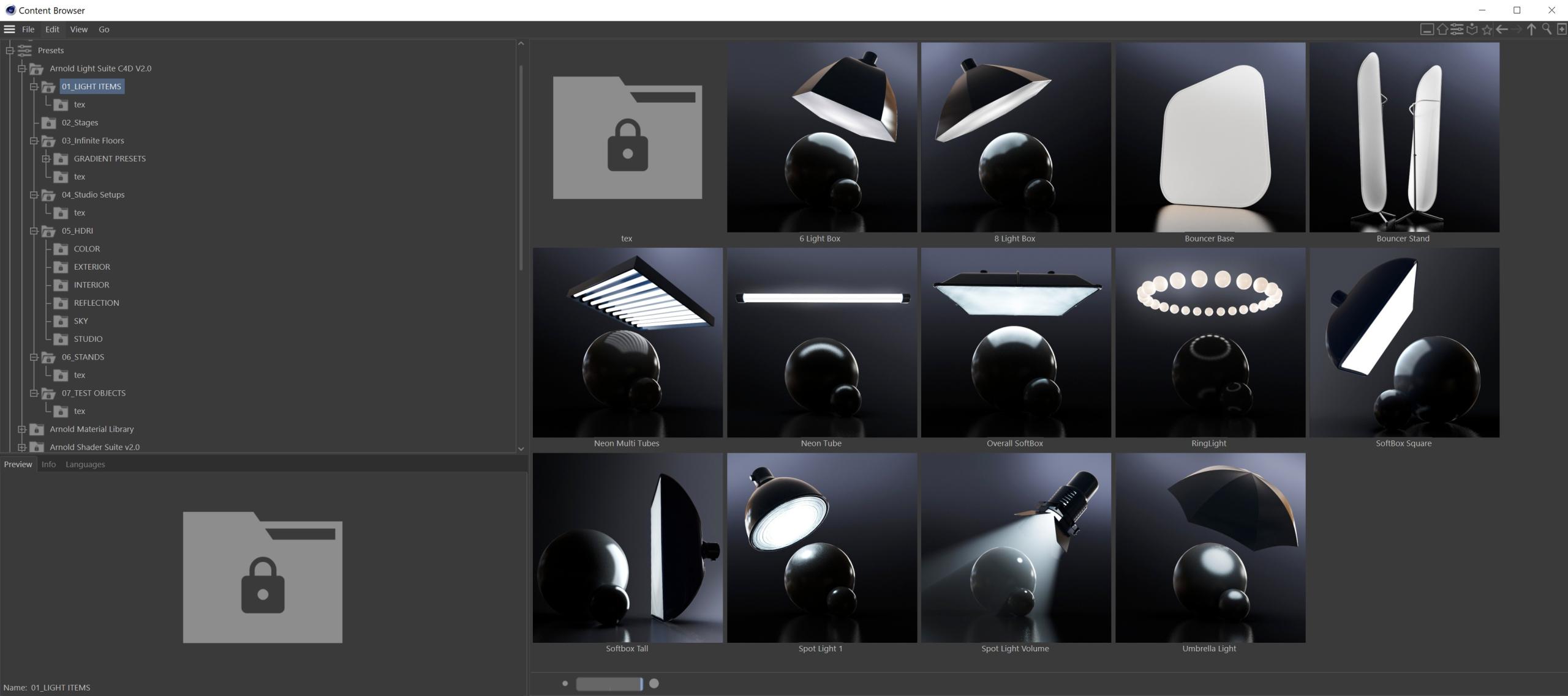 C4D阿诺德渲染器Arnold专业摄影棚舞台灯光照明灯光HDRI渲染场景预设Arnold Light Suite for C4D v2.0