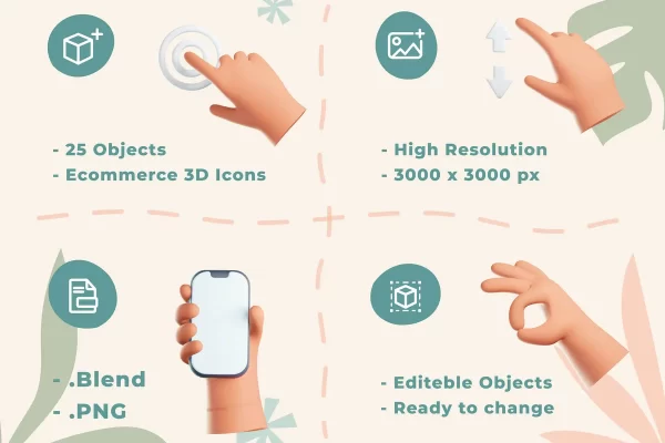 不同手势3D对象blender图标模型素材
