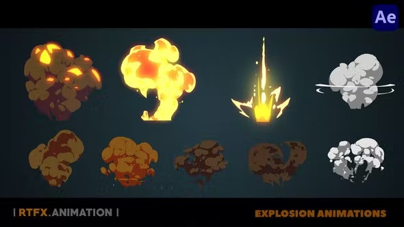 AE/PR模板-卡通动漫爆炸烟雾动画元素包 Cartoon Flash 2D FX explosions