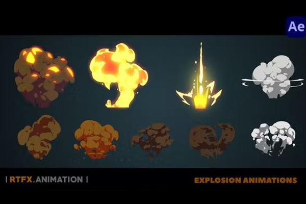AE/PR模板-2D卡通动漫爆炸烟雾动画元素包 Cartoon Flash 2D FX explosions