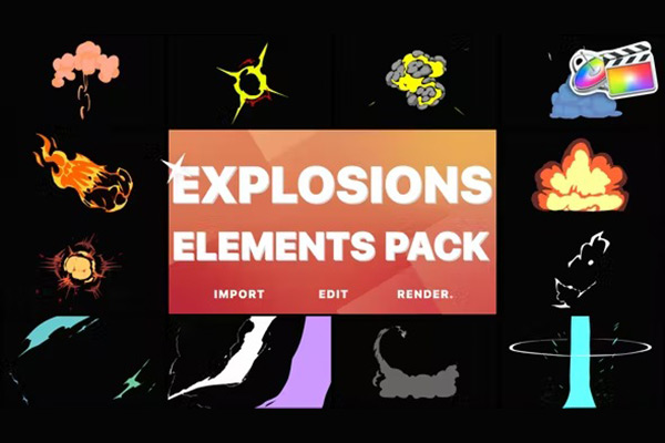 FCPX插件-12种动漫爆炸MG动画元素模型Anime Explosion Elements
