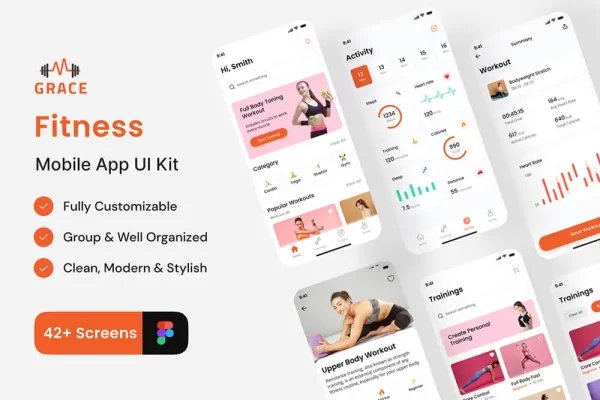 高级健身和锻炼App应用程序UI套件