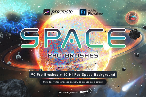 Procreate/PS笔刷-90个高品质太空银河星系行星笔刷素材 Space Pro Galaxy Brushes