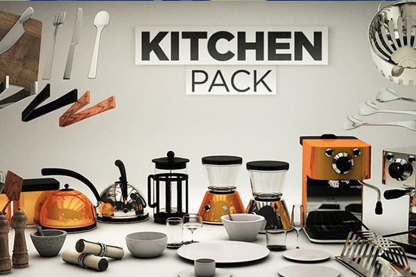 C4D模型预设-30个厨房烹饪用品单体模型热水壶咖啡机餐具等厨房用品模型