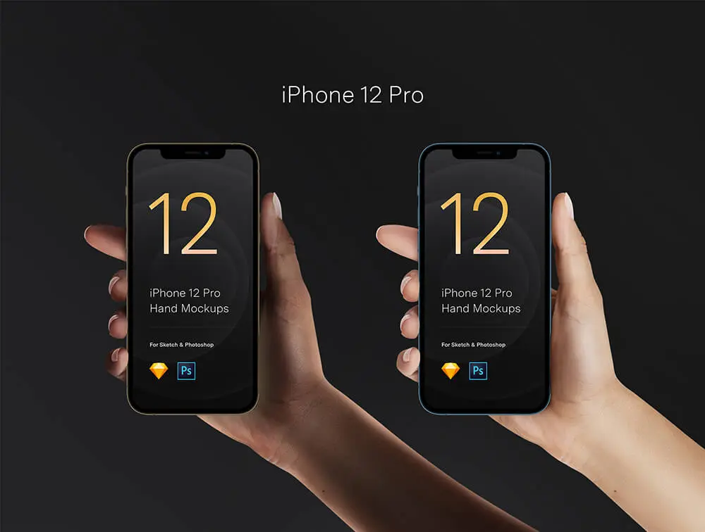 女性手持iPhone 12和iPhone 12 Pro样机设计模板素材