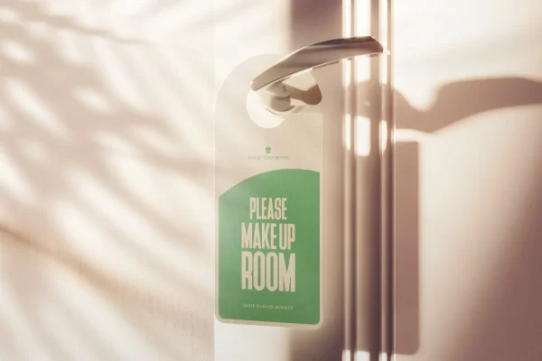 阳光阴影场景门把手吊牌设计PSD样机素材