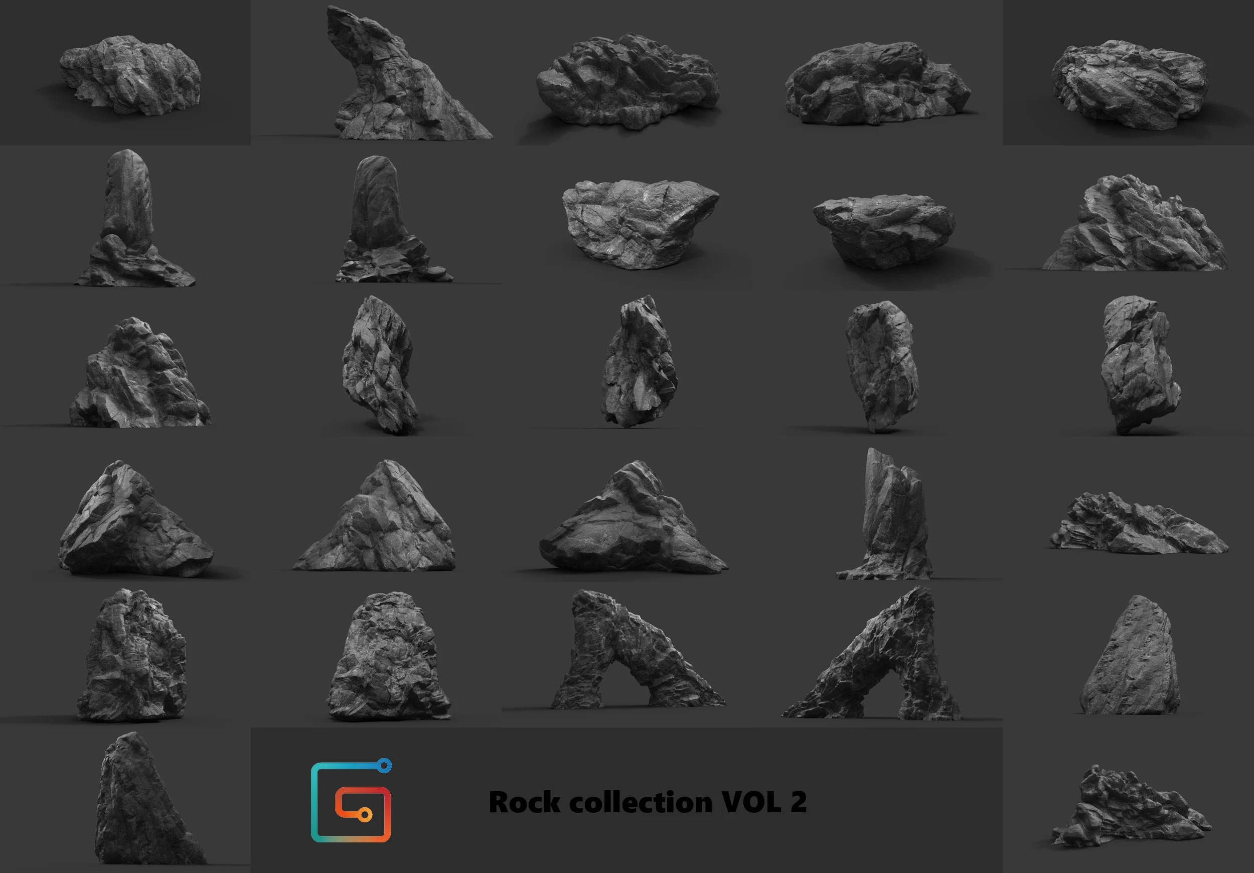 3套38个大岩石模型合集积雪岩石模型石头山模型 Rocks Bundle 1,2,3 and Cliffmaker